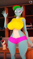 Size: 2160x3840 | Tagged: safe, artist:marshmallow-pone, oc, oc only, oc:thalia blu, oc:vani, anthro, 3d, belly, belly button, big breasts, breasts, eyebrows, female, high res, huge breasts, looking at you, midriff, revamped anthros, smiling, smiling at you, solo, source filmmaker, waving at you, wide hips