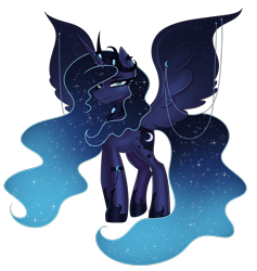 Size: 2880x3040 | Tagged: safe, artist:opal_radiance, princess luna, alicorn, pony, g4, commission, crown, ethereal mane, eyebrows, female, high res, hoof shoes, jewelry, looking at you, mare, peytral, princess, redesign, regalia, simple background, smiling, smiling at you, solo, spread wings, starry mane, starry tail, tail, transparent background, wings