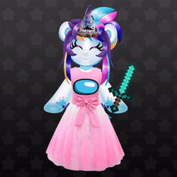 Size: 450x450 | Tagged: safe, artist:partypievt, oc, oc:indigo wire, pony, unicorn, among us, animated, bipedal, birthday, clothes, cringe comedy, diamond sword, dress, dressup, eye clipping through hair, eyebrows, eyebrows visible through hair, fortnite, gaming, gif, happy, hat, minecraft, open mouth, party hat, solo, sword, vtuber, weapon, wingding eyes