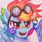 Size: 636x629 | Tagged: safe, artist:oddysies, rainbow dash, pegasus, pony, bandaid, bust, female, goggles, looking at you, portrait, profile picture, solo