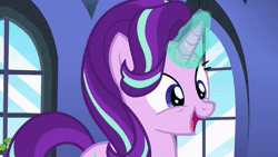 Size: 1280x720 | Tagged: safe, edit, edited screencap, screencap, sound edit, melody, spike, starlight glimmer, dragon, pony, unicorn, every little thing she does, g1, g4, my little pony tales, season 6, animated, female, kelly sheridan, male, mare, ship:sparlight, shipping, sound, straight, voice actor joke, webm
