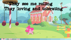Size: 500x281 | Tagged: safe, edit, edited screencap, screencap, pinkie pie, earth pony, pony, feeling pinkie keen, g4, season 1, animated, artifact, chamillionaire, female, love and tolerate, meme, my little brony, ponyville schoolhouse, ridin, rolling, solo, song reference, text, watermark