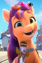 Size: 686x1027 | Tagged: safe, edit, edited screencap, screencap, sunny starscout, earth pony, pony, g5, my little pony: make your mark, my little pony: make your mark chapter 1, spoiler:my little pony: make your mark, cropped, cute, female, looking at you, mane stripe sunny, mare, microphone, open mouth, smiling, sunnybetes, teeth
