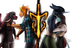 Size: 2368x1592 | Tagged: safe, artist:blackblood-queen, oc, oc:annie belle, oc:daniel dasher, oc:phineas pennypincher jr., oc:singe, dracony, dragon, hybrid, anthro, unguligrade anthro, anthro oc, clothes, couple, crying, digital art, female, gay, hug, leonine tail, lichtenberg figure, lichtenberg scar, looking at each other, looking at someone, male, mare, muleicorn, oc x oc, plaid shirt, scar, shipping, shirt, stallion, story in the source, tail