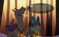 Size: 7113x4500 | Tagged: safe, artist:bearmation, paprika (tfh), velvet (tfh), alpaca, deer, reindeer, them's fightin' herds, absurd resolution, breath, community related, duo, female, floppy ears, forest, frown, lantern, snow, snowfall, story included, text, tongue out, unamused