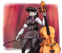 Size: 2126x1800 | Tagged: safe, artist:king-kakapo, part of a set, octavia melody, earth pony, anthro, g4, bow (instrument), breasts, busty octavia melody, cello, cello bow, clothes, female, looking at you, low angle, musical instrument, pantyhose, ribbon, skirt, solo, vest