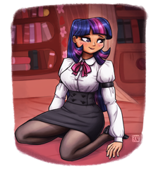 Size: 2000x2231 | Tagged: safe, artist:king-kakapo, part of a set, twilight sparkle, human, blushing, breasts, busty twilight sparkle, clothes, female, golden oaks library, high res, humanized, kneeling, lidded eyes, looking away, pantyhose, ribbon, shoes, signature, skirt, smiling, solo