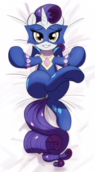 Size: 2271x4096 | Tagged: safe, artist:_ton618_, radiance, rarity, pony, unicorn, g4, body pillow, body pillow design, crossed legs, dock, female, looking at you, lying down, mare, on back, power ponies, smiling, smiling at you, solo, tail, underhoof, wrong eye color