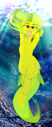 Size: 1659x4014 | Tagged: safe, artist:breloomsgarden, oc, oc only, oc:lemon drop, original species, shark, shark pony, arm behind head, bubble, commission, coral, crepuscular rays, eyebrows, female, flowing mane, flowing tail, high res, long tail, long tongue, looking at you, ocean, seaweed, smiling, smiling at you, solo, species swap, sunlight, swimming, tail, tongue out, underwater, water, ych result