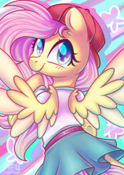 Size: 2480x3508 | Tagged: safe, artist:wavecipher, gameloft, fluttershy, pegasus, pony, g4, 90s grunge fluttershy, baseball cap, cap, clothes, cute, female, gameloft interpretation, hat, heart, heart eyes, high res, looking at you, shyabetes, skirt, solo, wingding eyes