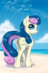 Size: 1200x1800 | Tagged: safe, artist:kp-shadowsquirrel, bon bon, sweetie drops, earth pony, pony, g4, beach, bon butt, butt, cloud, dock, female, looking at you, mare, plot, sand, sky, smiling, solo, tail, water