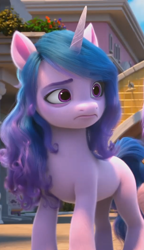 Size: 610x1060 | Tagged: safe, screencap, izzy moonbow, pony, unicorn, g5, my little pony: make your mark, my little pony: make your mark chapter 1, spoiler:my little pony: make your mark, eyebrows, eyebrows visible through hair, female, frown, hangover, izzy moodbow, mare, solo
