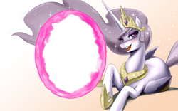 Size: 1440x900 | Tagged: safe, artist:johnjoseco, edit, editor:lanceomikron, princess celestia, alicorn, pony, princess molestia, g4, beautiful, bedroom eyes, best princess, big sexy, blushing, crown, ethereal mane, eyeshadow, female, flowing mane, folded wings, gradient background, hoof shoes, jewelry, looking at you, lying down, makeup, mare, meme template, open mouth, open smile, palette swap, peytral, portal, prone, recolor, regalia, signature, smiling, smiling at you, solo, sparkles, template, wallpaper, wingding eyes, wings