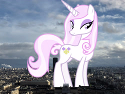 Size: 3744x2808 | Tagged: safe, artist:90sigma, artist:thegiantponyfan, fleur-de-lis, pony, unicorn, g4, female, france, giant pony, giant unicorn, giantess, high res, highrise ponies, irl, looking at you, macro, mare, mega giant, paris, photo, ponies in real life, smiling