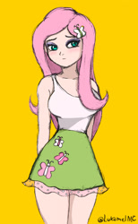Size: 1280x2072 | Tagged: safe, artist:lukamelmc, fluttershy, human, equestria girls, g4, breasts, busty fluttershy, clothes, human coloration, simple background, skirt, sleeveless, solo, tank top, yellow background