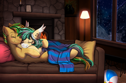 Size: 3650x2408 | Tagged: safe, artist:pridark, oc, oc only, oc:baysick, oc:icy breeze, bat pony, earth pony, pony, beach ball, blanket, candle, couch, cuddling, eyes closed, fire, fireplace, forest, high res, lamp, pillow, sleeping, snow, snowfall, window, winter