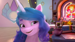 Size: 1458x830 | Tagged: safe, screencap, izzy moonbow, pony, unicorn, g5, my little pony: make your mark, my little pony: make your mark chapter 1, spoiler:g5, spoiler:my little pony: make your mark, bust, crystal brighthouse, female, izzy is best facemaker, mare, open mouth, open smile, smiling, solo