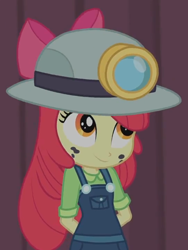 Size: 542x720 | Tagged: safe, screencap, apple bloom, human, equestria girls, equestria girls series, g4, happily ever after party, adorabloom, cute, hands behind back, hat, miner, smiling, solo