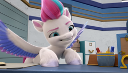 Size: 1584x902 | Tagged: safe, screencap, zipp storm, pegasus, pony, g5, my little pony: make your mark, my little pony: make your mark chapter 1, spoiler:g5, spoiler:my little pony: make your mark, female, grin, hooves on the table, mare, smiling, solo, spread wings, wings