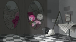 Size: 1920x1080 | Tagged: safe, screencap, fluttershy, pinkie pie, pony, g4, my little pony: friendship is magic, my little pony: rainbow roadtrip, bucket, checkered floor, door, female, frowny face, mare, mop, table