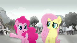 Size: 1920x1080 | Tagged: safe, screencap, fluttershy, pinkie pie, earth pony, pegasus, pony, g4, my little pony: friendship is magic, my little pony: rainbow roadtrip, desaturated, duo, hope hollow