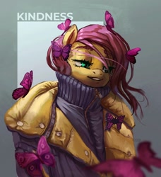 Size: 986x1080 | Tagged: safe, artist:x-raydistorted, fluttershy, butterfly, pegasus, anthro, g4, clothes, female, jacket, lidded eyes, mare, smiling, solo