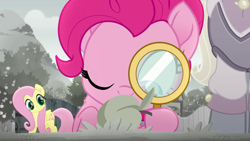 Size: 1920x1080 | Tagged: safe, screencap, fluttershy, mr. hoofington, pinkie pie, earth pony, pegasus, pony, g4, my little pony: rainbow roadtrip, apricot, desaturated, magnifying glass