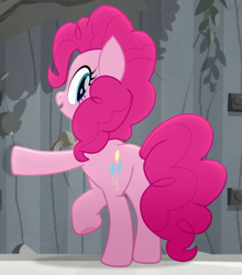 Size: 461x523 | Tagged: safe, screencap, pinkie pie, earth pony, pony, g4, my little pony: rainbow roadtrip, balloonbutt, butt, cropped, looking back, plot, solo