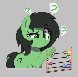 Size: 430x423 | Tagged: safe, artist:thebatfang, oc, oc:filly anon, earth pony, pony, abacus, aggie.io, confused, earth pony oc, female, filly, foal, gray background, mare, question mark, simple background, solo