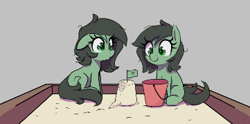 Size: 361x179 | Tagged: safe, artist:thebatfang, oc, oc only, oc:filly anon, earth pony, pony, :o, aggie.io, bucket, cute, earth pony oc, female, filly, flag, floppy ears, foal, gray background, mare, no eyelashes, open mouth, picture for breezies, sandbox, sandcastle, simple background, sitting, smiling
