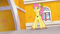 Size: 3410x1920 | Tagged: safe, screencap, posey bloom, earth pony, pony, g5, maretime bay day 2.0, my little pony: tell your tale, spoiler:g5, spoiler:my little pony: tell your tale, bow, female, high res, mare, smiling, solo, tail, tail bow