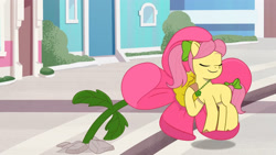 Size: 3410x1920 | Tagged: safe, screencap, posey bloom, earth pony, pony, g5, maretime bay day 2.0, my little pony: tell your tale, spoiler:g5, spoiler:my little pony: tell your tale, bow, eyes closed, female, flower, high res, imminent vore, mare, moments before disaster, plant, plant vore, smiling, solo, tail, tail bow