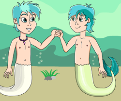 Size: 1632x1358 | Tagged: safe, artist:ocean lover, sandbar, terramar, human, merboy, merman, g4, belly button, chest, duo, duo male, fist bump, human coloration, humanized, jewelry, looking at each other, looking at someone, male, mermanized, mermay, necklace, pearl necklace, smiling, smiling at each other, underwater, water