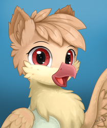 Size: 1200x1434 | Tagged: safe, artist:helip12, oc, oc only, oc:helip, hippogriff, bust, ear fluff, floppy ears, freckles, gradient background, looking at you, male, portrait, simple background, smiling, smiling at you, solo