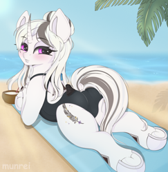 Size: 2115x2180 | Tagged: safe, artist:munrei, oc, oc only, oc:chloe white, pony, unicorn, beach, blushing, butt, clothes, commission, female, high res, horn, looking at you, lying, lying down, mare, ocean, one-piece swimsuit, open-back swimsuit, plot, prone, purple eyes, solo, summer, swimsuit, underhoof, water, ych result