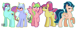 Size: 3105x1173 | Tagged: safe, artist:queertrixie, indigo zap, lemon zest, sour sweet, sugarcoat, sunny flare, earth pony, pegasus, pony, unicorn, g4, equestria girls ponified, female, mare, outline, ponified, shadowbolts, simple background, white background