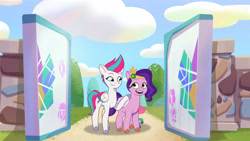 Size: 3410x1920 | Tagged: safe, screencap, pipp petals, zipp storm, pegasus, pony, g5, maretime bay day 2.0, my little pony: tell your tale, spoiler:g5, spoiler:my little pony: tell your tale, spoiler:tyts01e11, duo, female, high res, looking at each other, mare, open mouth, open smile, smiling, smiling at each other