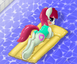 Size: 1320x1100 | Tagged: safe, artist:helip12, oc, oc:frothy, pony, blushing, butt, clothes, female, inflatable, inflatable raft, looking at you, lying down, mare, one-piece swimsuit, plot, pool toy, prone, solo, swimsuit