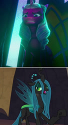 Size: 598x1097 | Tagged: safe, edit, edited screencap, screencap, opaline arcana, queen chrysalis, alicorn, changeling, changeling queen, pony, g4, g5, my little pony: make your mark, my little pony: make your mark chapter 1, spoiler:g5, spoiler:my little pony: make your mark, female, opaline's throne, throne