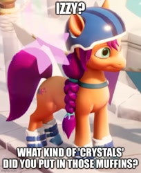 Size: 500x613 | Tagged: safe, edit, sunny starscout, earth pony, pony, g5, my little pony: a maretime bay adventure, fountain, game, game screencap, helmet, meme, wide eyes