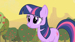 Size: 1920x1080 | Tagged: safe, screencap, twilight sparkle, pony, unicorn, g4, my little pony: friendship is magic, over a barrel, season 1, apple, apple tree, female, mare, solo, tree, unicorn twilight