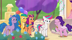 Size: 3410x1920 | Tagged: safe, screencap, hitch trailblazer, izzy moonbow, pipp petals, sunny starscout, zipp storm, earth pony, pegasus, pony, unicorn, g5, maretime bay day 2.0, my little pony: tell your tale, spoiler:g5, spoiler:my little pony: tell your tale, spoiler:tyts01e11, adorapipp, cellphone, cute, eyes closed, female, high res, male, mane five, mane stripe sunny, mare, phone, smartphone, smiling, stallion