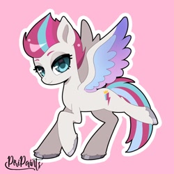 Size: 900x900 | Tagged: safe, artist:piripaints, zipp storm, pegasus, pony, g5, adorazipp, colored wings, cute, eyebrows, female, looking at you, mare, multicolored wings, outline, pink background, signature, simple background, smiling, smiling at you, solo, spread wings, tail, two toned mane, two toned tail, white outline, wings