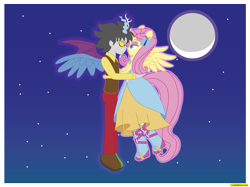 Size: 5297x3970 | Tagged: safe, artist:conikiblasu-fan, discord, fluttershy, human, equestria girls, g4, 2014, duo, equestria girls-ified, female, male, moon, night, old art, ponied up, ship:discoshy, shipping, signature, stars, straight