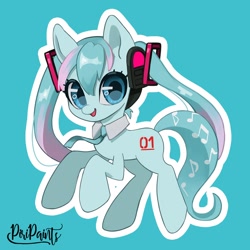 Size: 1200x1200 | Tagged: safe, artist:piripaints, kotobukiya, earth pony, pony, anime, cute, female, hatsune miku, headphones, kotobukiya hatsune miku pony, mare, necktie, open mouth, open smile, ponified, simple background, smiling, solo, vocaloid