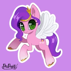 Size: 1200x1200 | Tagged: safe, artist:piripaints, pipp petals, pegasus, pony, g5, adorapipp, cute, female, looking at you, outline, purple background, simple background, solo, spread wings, white outline, wings