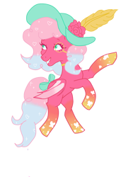 Size: 3024x4032 | Tagged: safe, artist:vernorexia, oc, oc only, oc:floreance, bat pony, pony, blue mane, body markings, bow, choker, commission, fangs, feather, flower, fluffy mane, gradient hooves, gradient mane, green eyes, hat, heart, markings, monocle, multicolored mane, pink coat, pink mane, poofy mane, rearing, rose, simple background, solo, sparkle, tail, tail bow, transparent background, wingding eyes