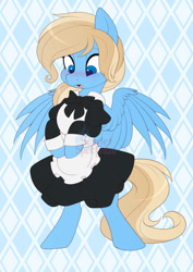 Size: 752x1063 | Tagged: safe, artist:scarlet-spectrum, part of a set, oc, oc only, oc:lusty symphony, pegasus, pony, bipedal, blushing, clothes, commission, cute, dress, female, looking down, maid, mare, ocbetes, open mouth, pegasus oc, solo, surprised face, tail, watermark, wings, ych result