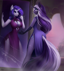 Size: 2388x2664 | Tagged: safe, artist:dacsy, nightmare rarity, rarity, unicorn, anthro, absolute cleavage, ass, breasts, busty rarity, butt, cleavage, clothes, dress, duo, duo female, evening gloves, evil grin, eyebrows, eyebrows visible through hair, fangs, female, frown, gloves, grin, high res, horn, lipstick, long gloves, looking at you, mirror, open mouth, smiling, smiling at you, tail, tail hole, trapped