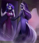 Size: 2388x2664 | Tagged: safe, artist:dacsy, nightmare rarity, rarity, unicorn, anthro, absolute cleavage, ass, breasts, butt, cleavage, clothes, dress, duo, duo female, evening gloves, evil grin, eyebrows, eyebrows visible through hair, fangs, female, frown, gloves, grin, high res, horn, lipstick, long gloves, looking at you, mirror, open mouth, smiling, smiling at you, trapped